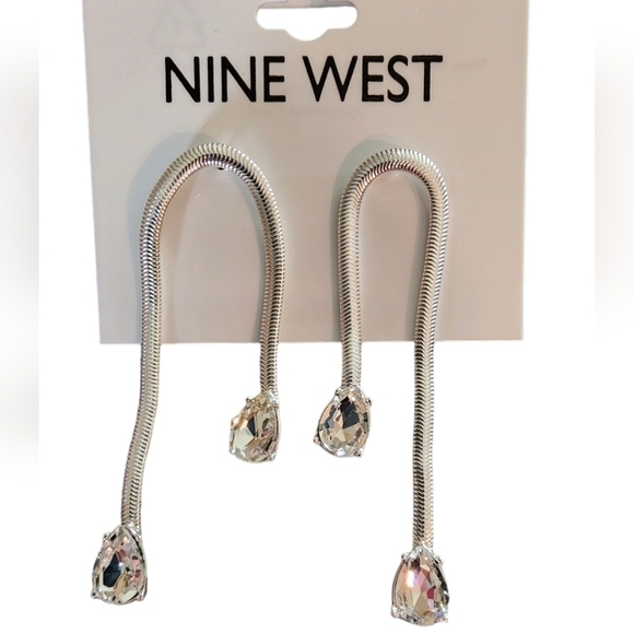 Nine West Silver Tone Simulated Crystal Double Stone Earrings NWT - Picture 1 of 7